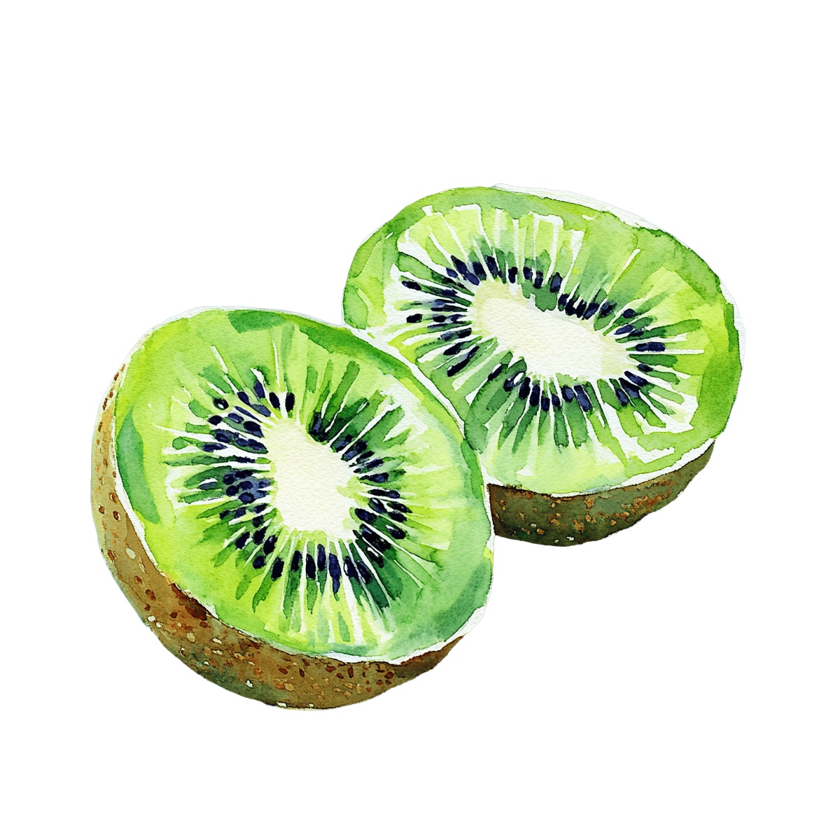 Sliced kiwi fruit in watercolor style with vibrant green flesh.
