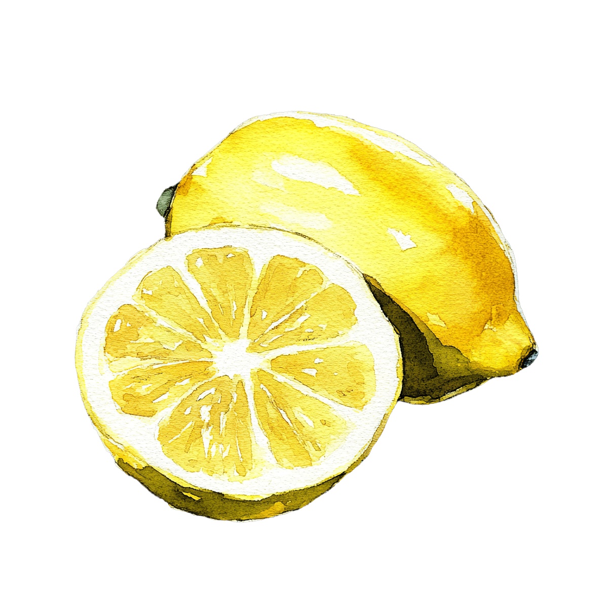 Watercolor style art of a whole lemon and a sliced half.