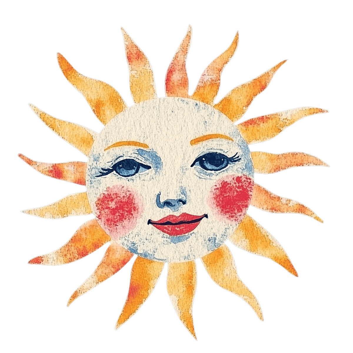 Watercolor illustration of a sun with a detailed face and orange-yellow rays.
