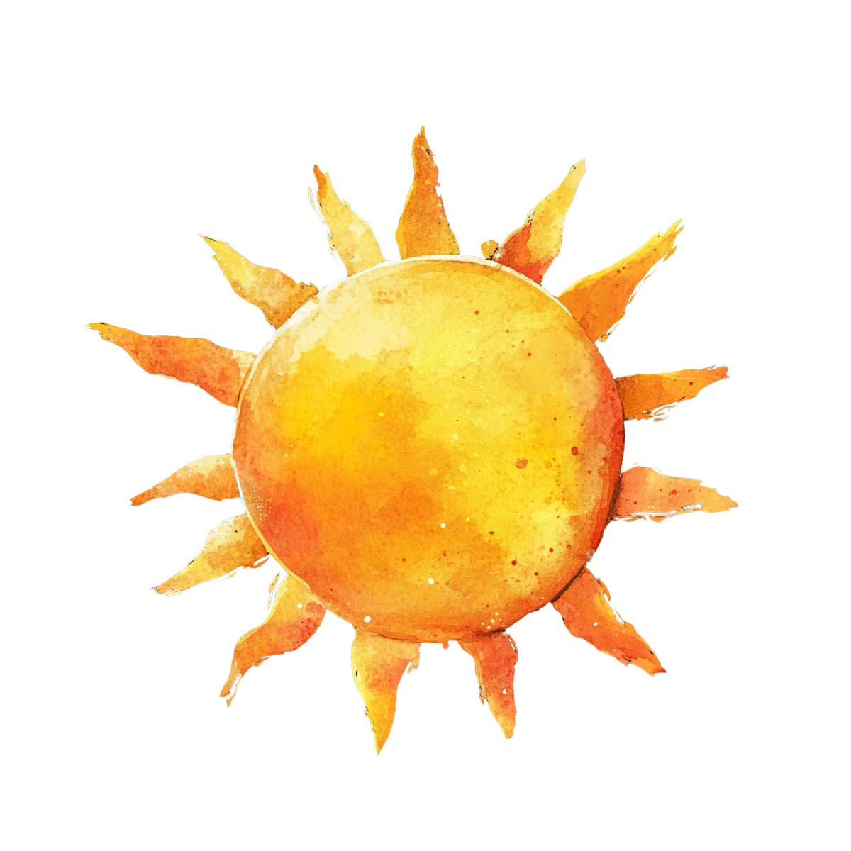 Watercolor illustration of a sun with orange and yellow radiating rays.