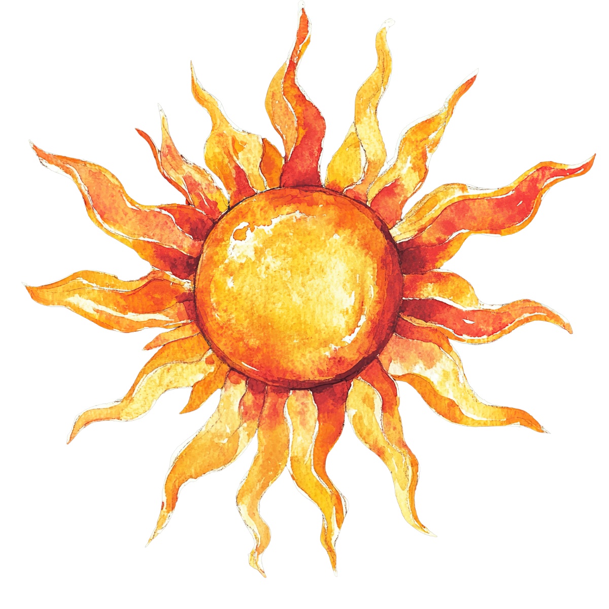 Watercolor illustration of an orange and yellow sun with radiant flames.
