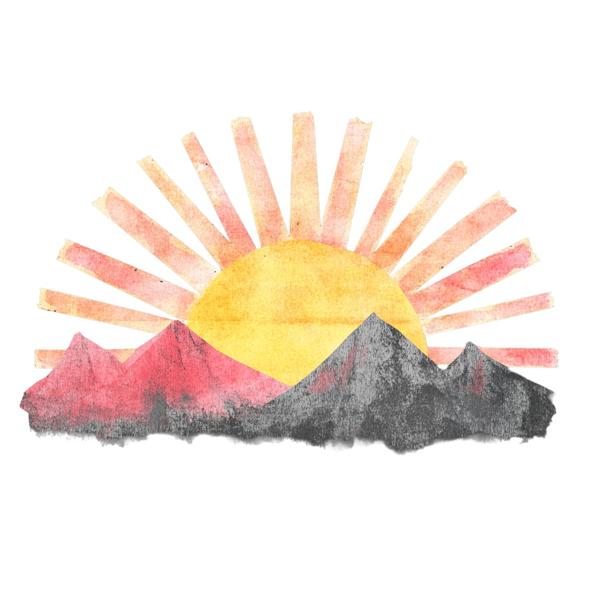 Watercolor illustration of sunrise with pink and yellow sunrays over mountains.