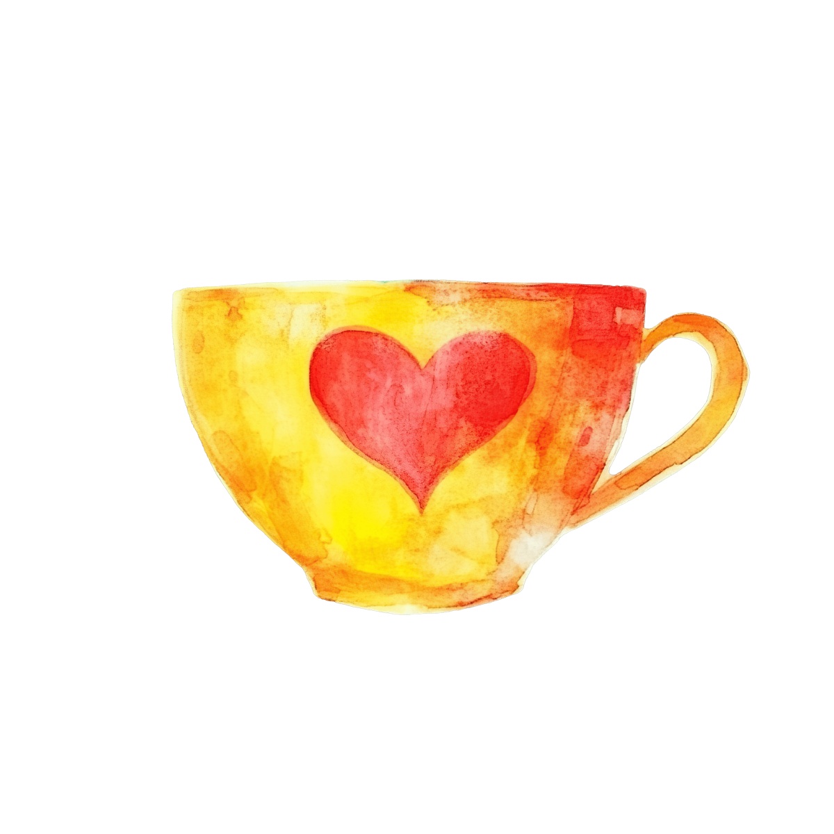 Yellow and orange watercolor teacup with a red heart design on black.