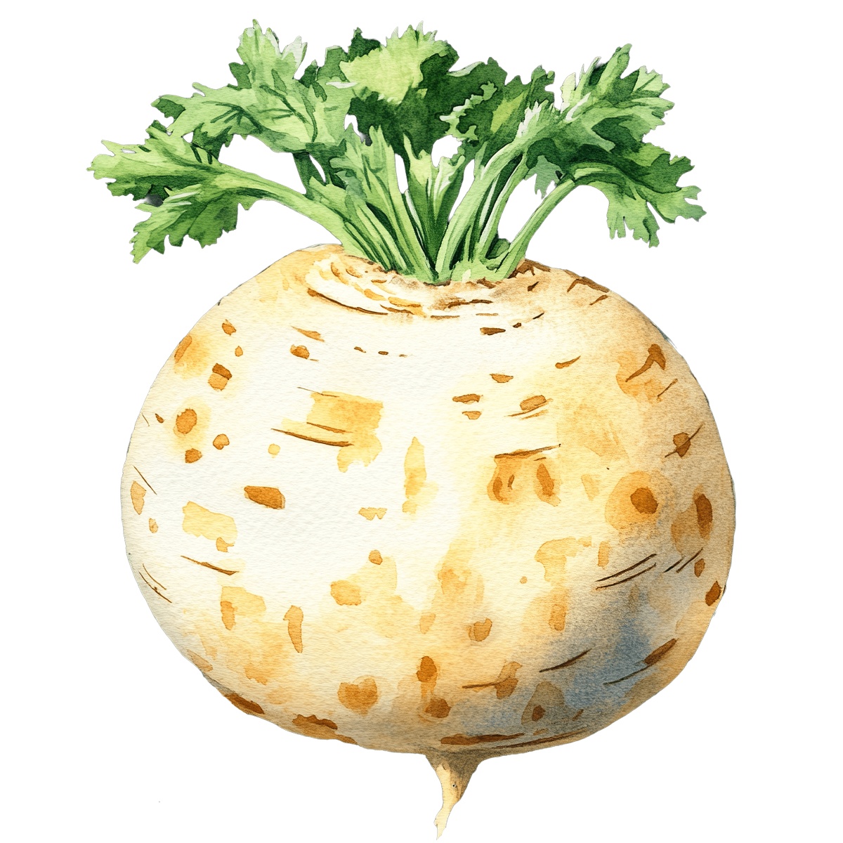 Watercolor art of a turnip with green leaves.