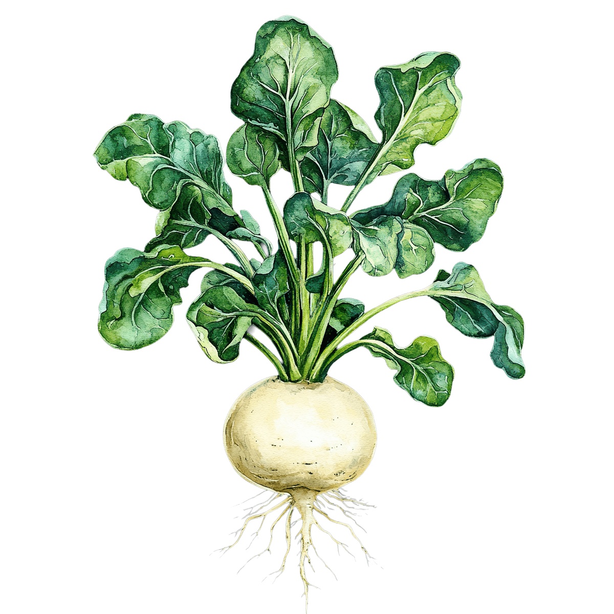 Watercolor turnip with green leaves and roots on a black background.