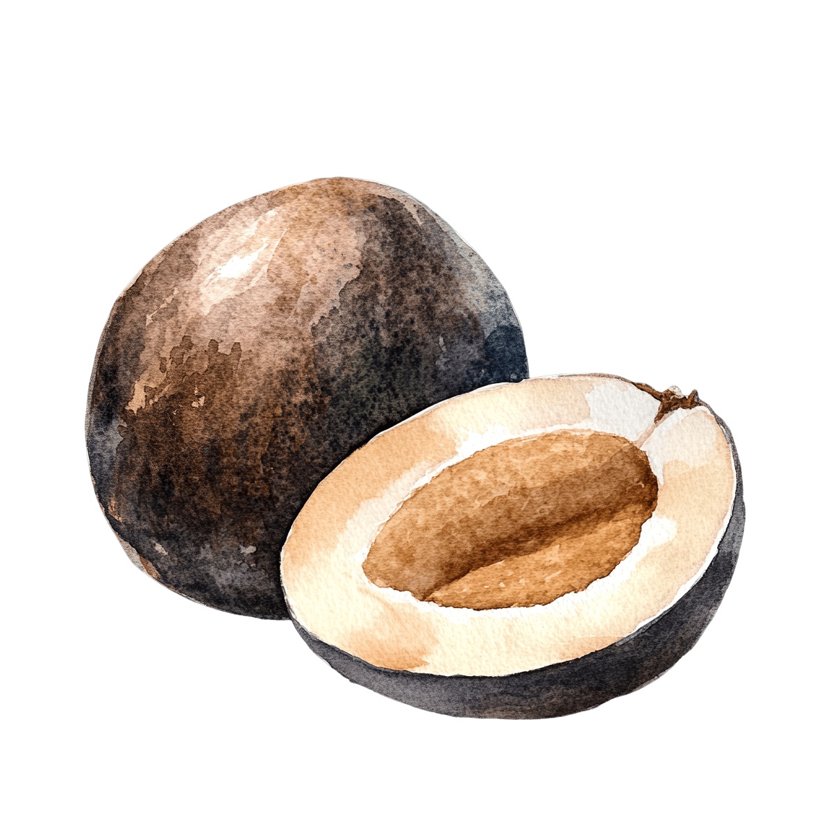 Watercolor art of a whole and halved brown fruit.