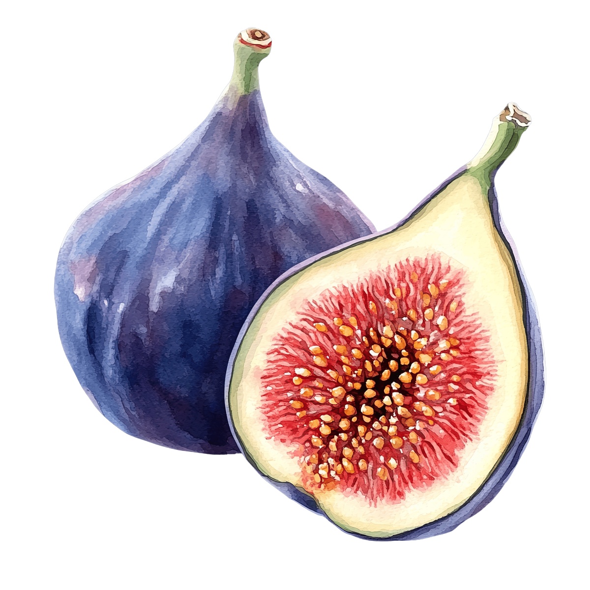 Watercolor art of a whole fig and a sliced fig on black.