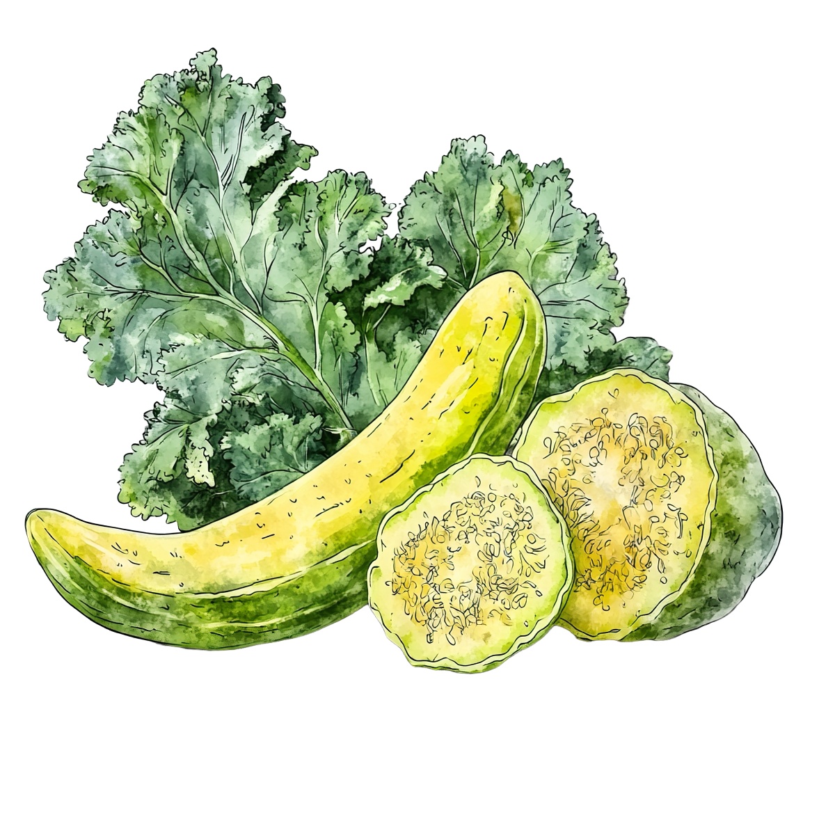 Watercolor zucchini with leafy greens and sliced pieces in detailed style.