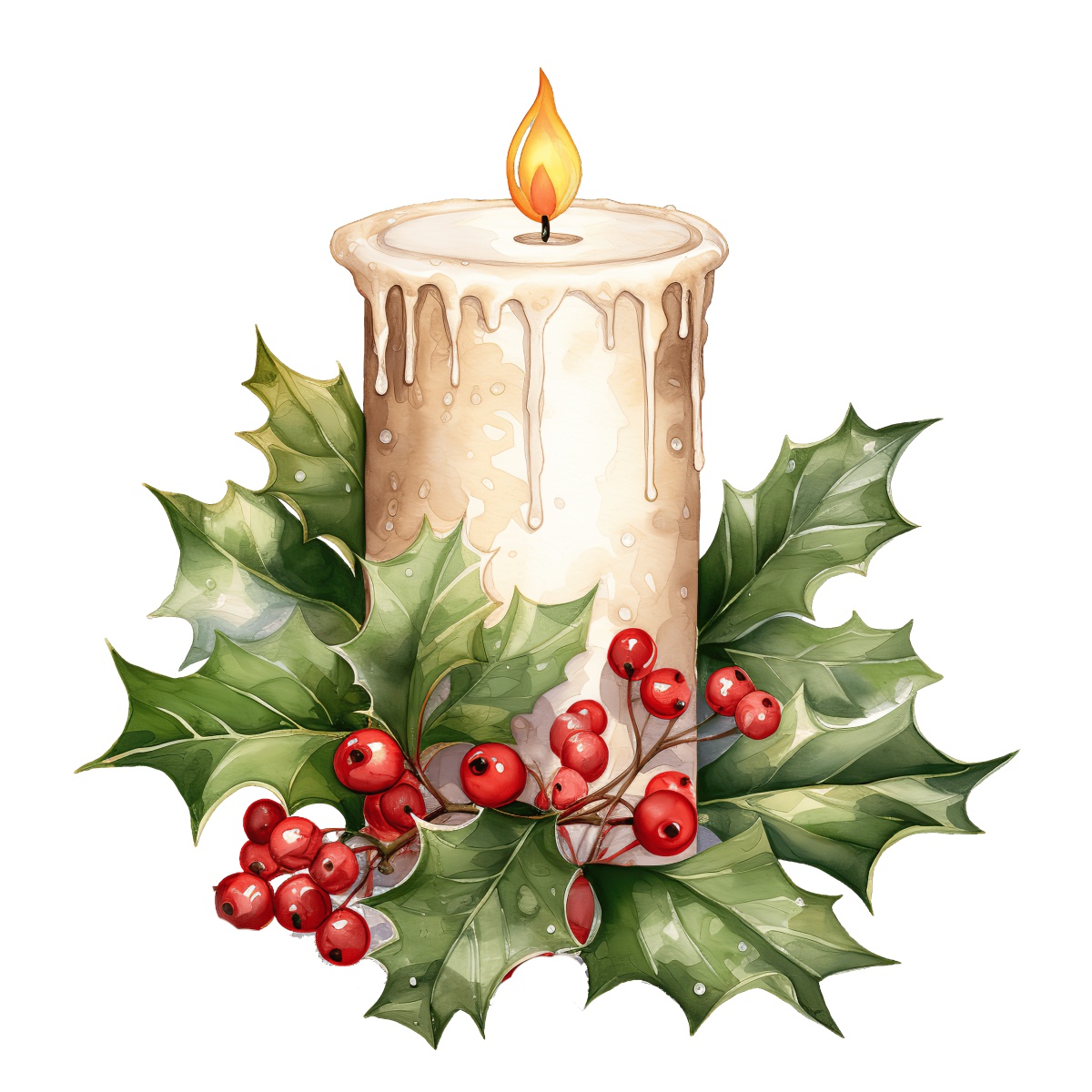 Candle with wax drips surrounded by holly leaves and red berries.