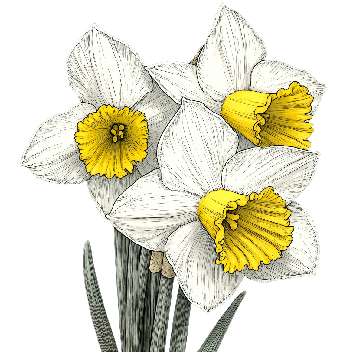 Cluster of white and yellow daffodil flowers with green stems in vector style.