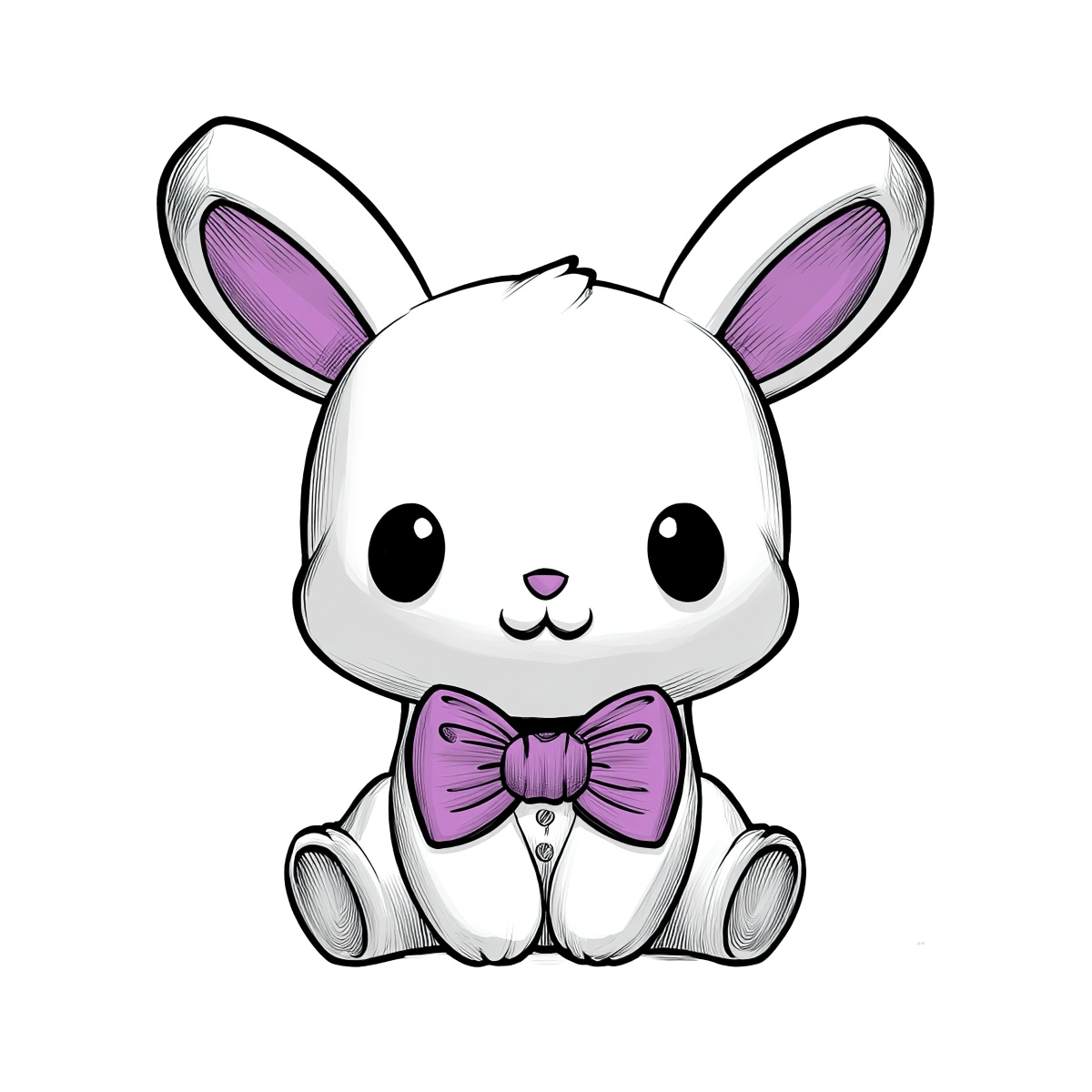 Cartoon style white bunny with purple bow tie and ears.
