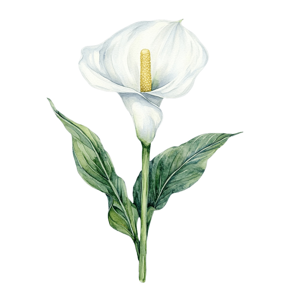 White calla lily with green leaves and yellow spadix on a black background.