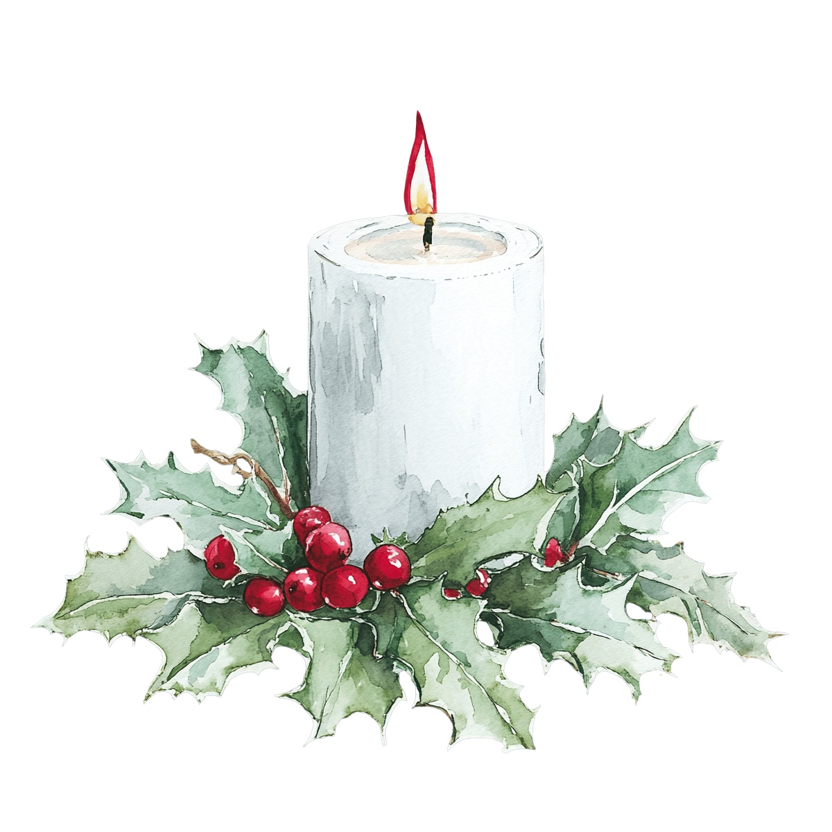 White candle with red berries and green holly leaves around the base.