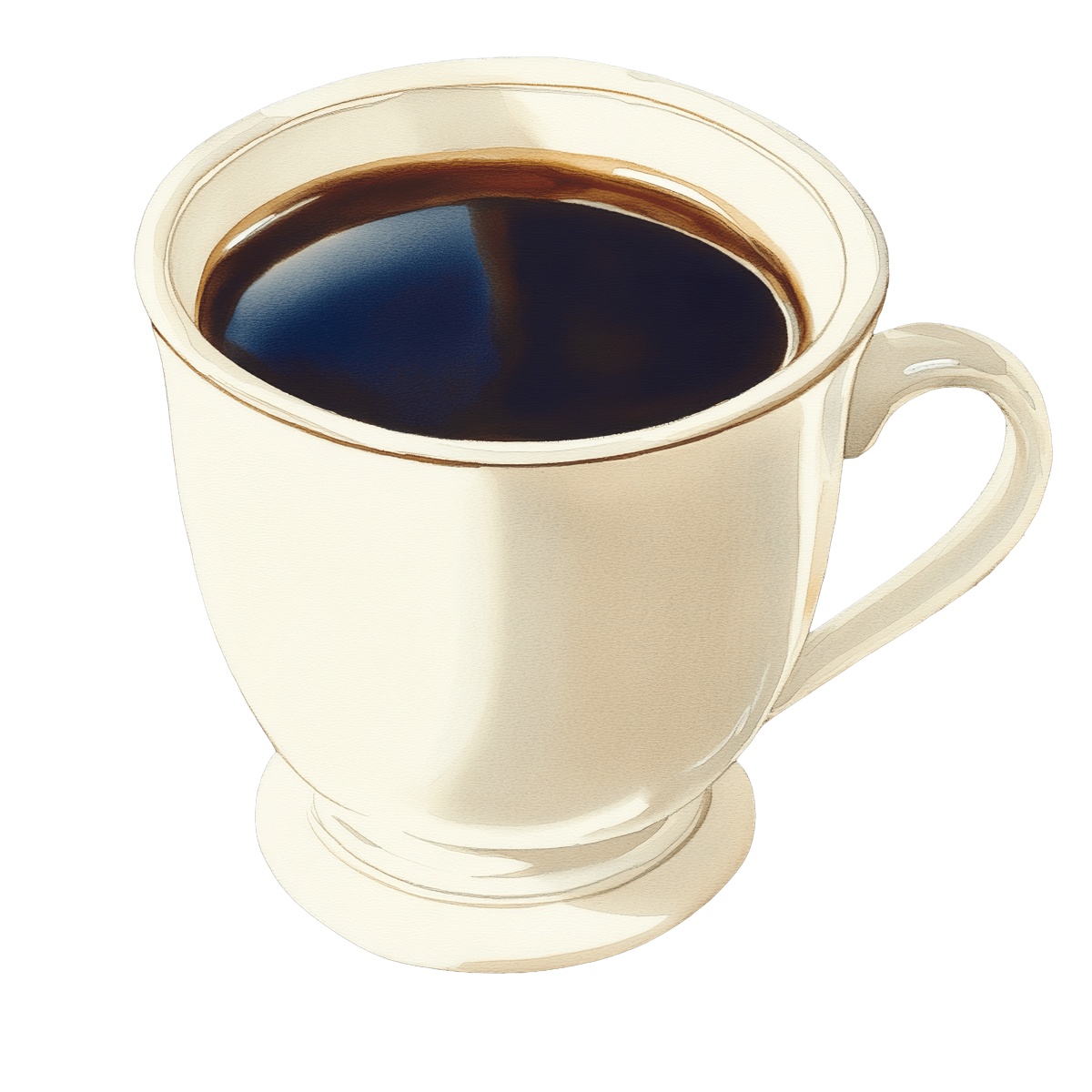 White ceramic mug filled with steaming black coffee.