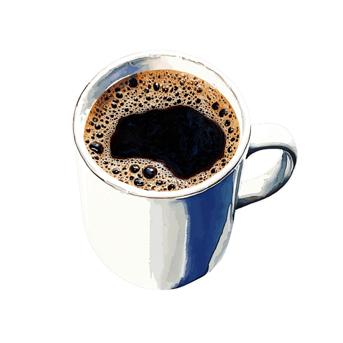 White ceramic mug filled with steaming black coffee.