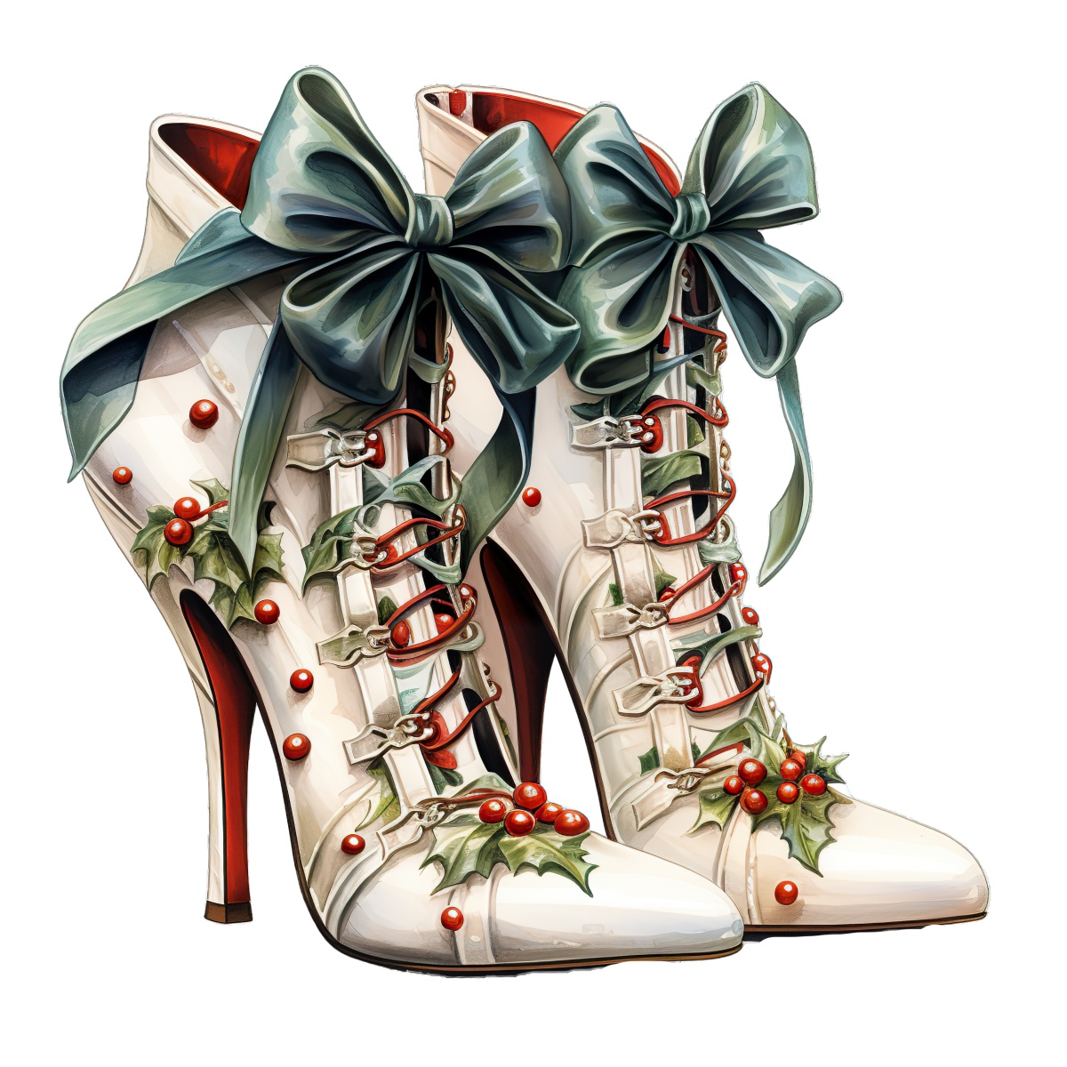 White high heel boots decorated with green bows and holly berries for Christmas.