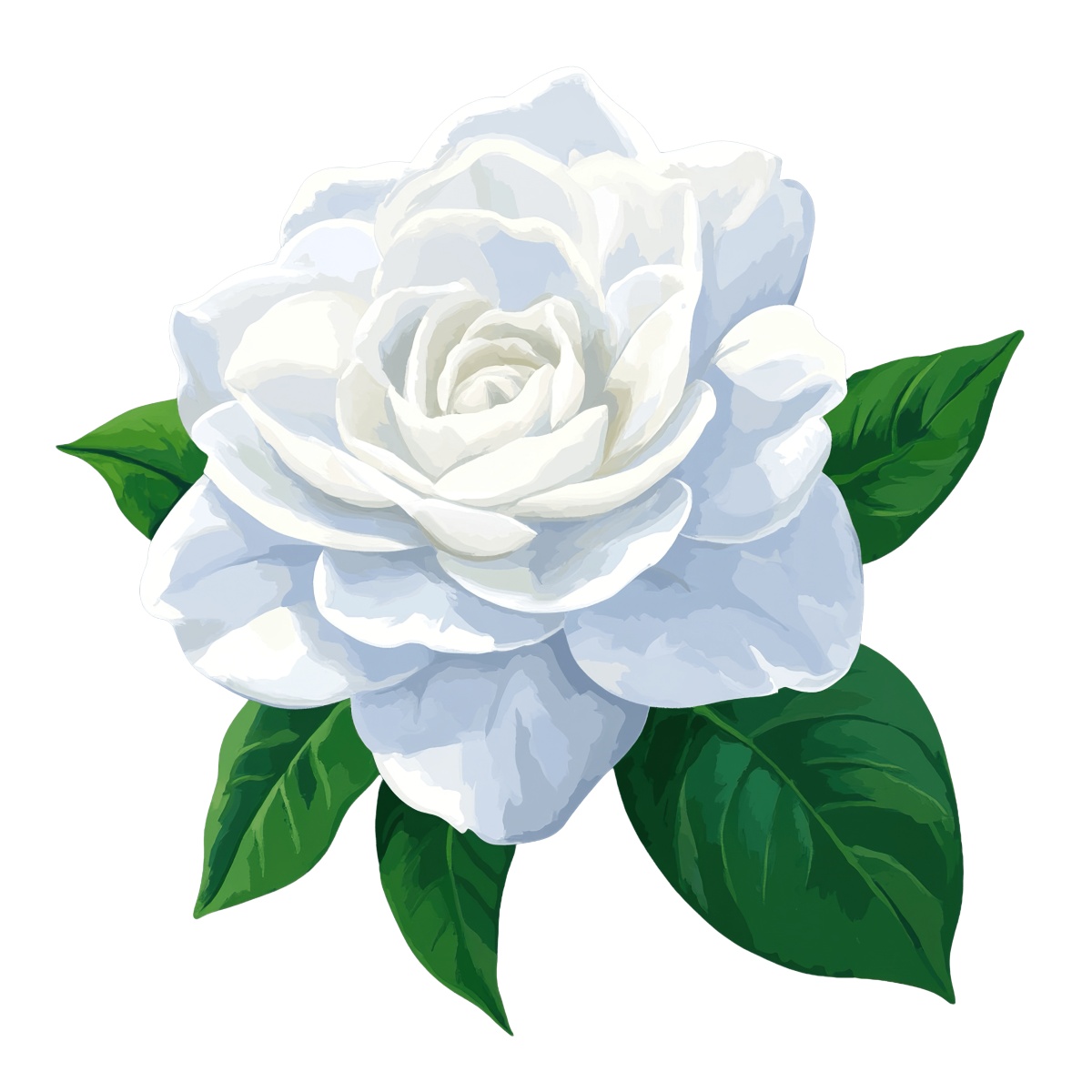 White gardenia flower with green leaves against a dark background.