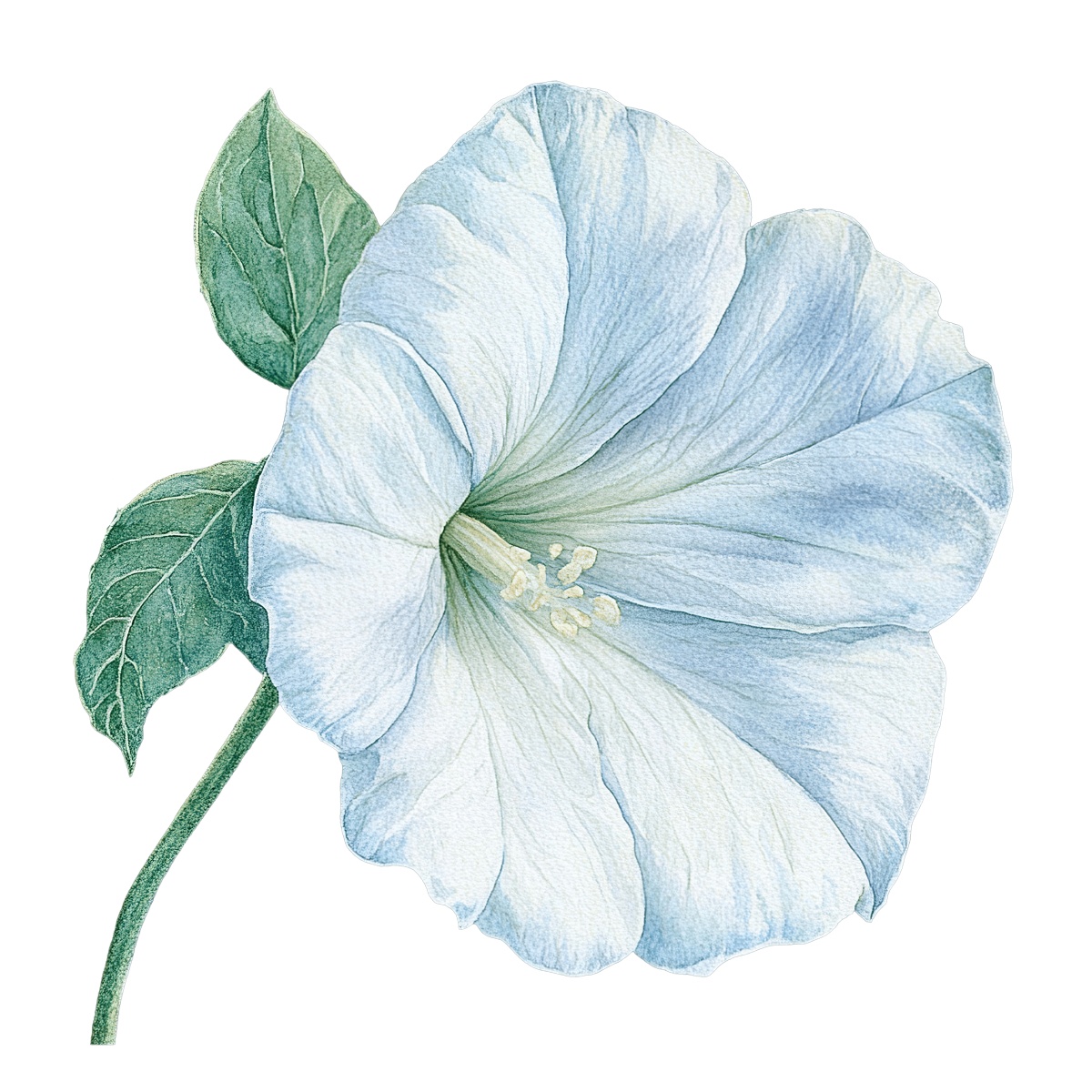 White hibiscus flower and green leaves on a black background.