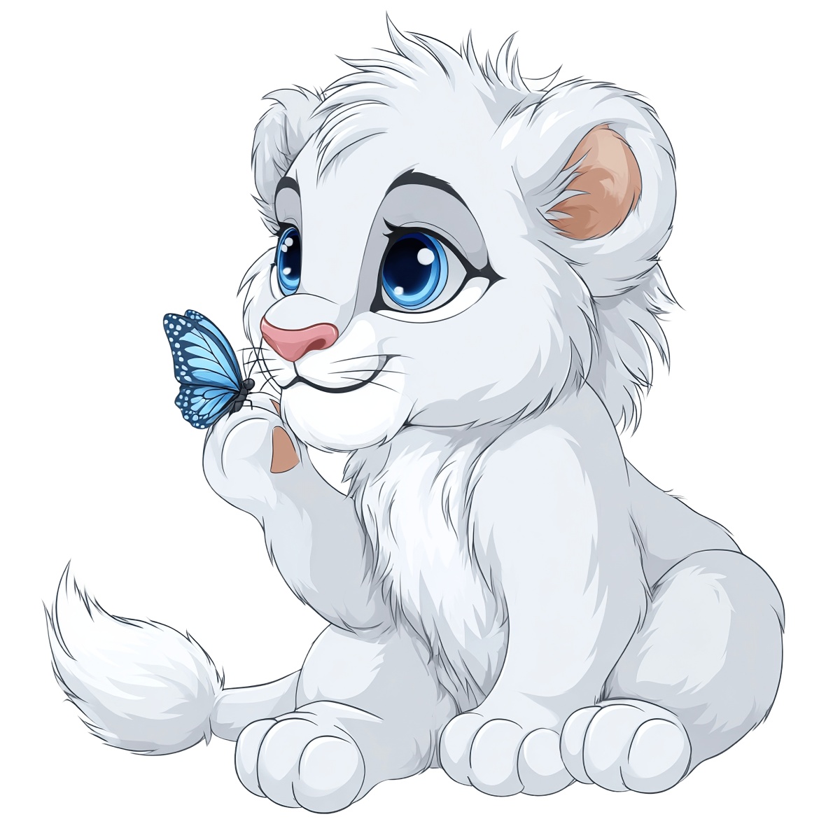 A white lion cub holds a blue butterfly in its paw.