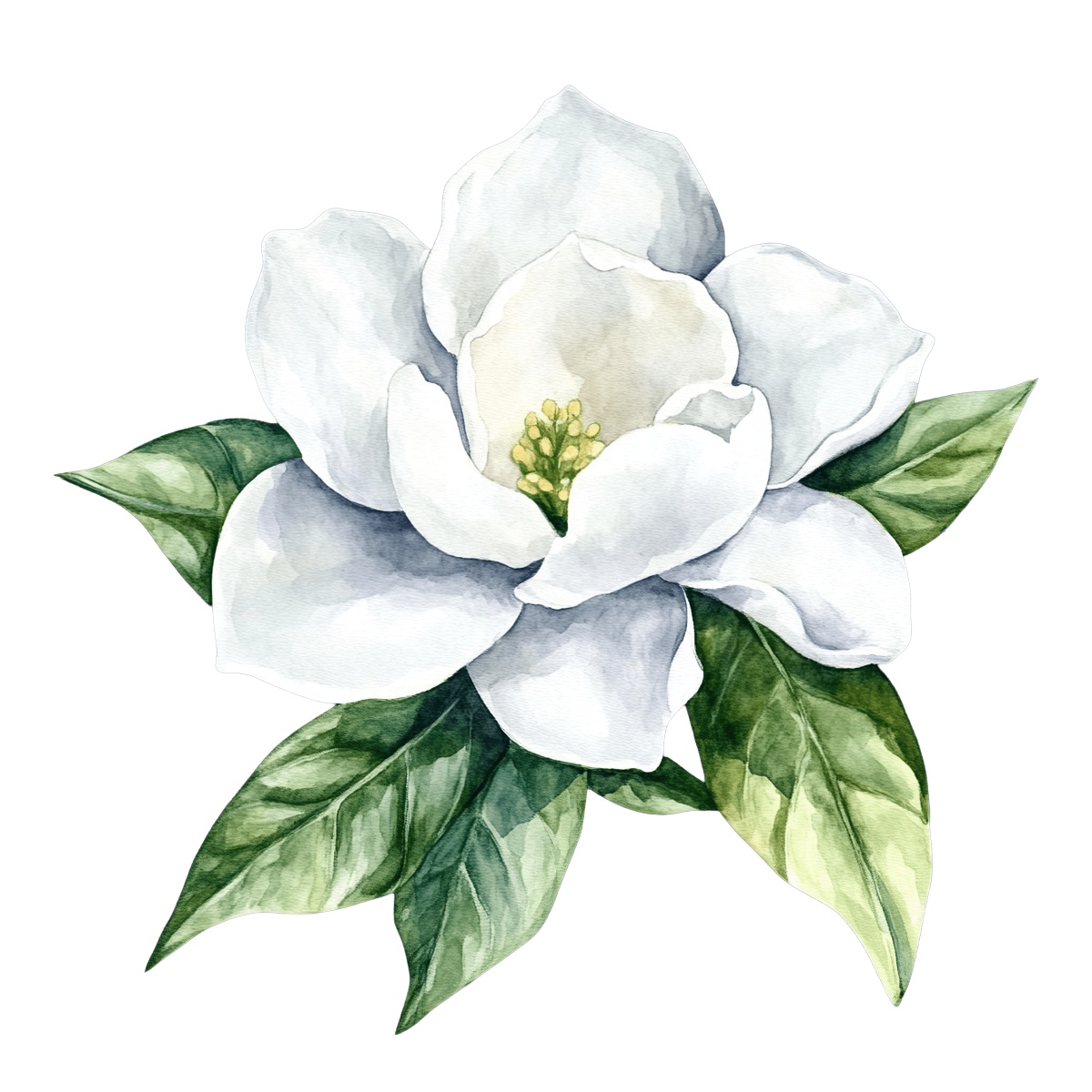 White magnolia flower with green leaves in watercolor style on black.