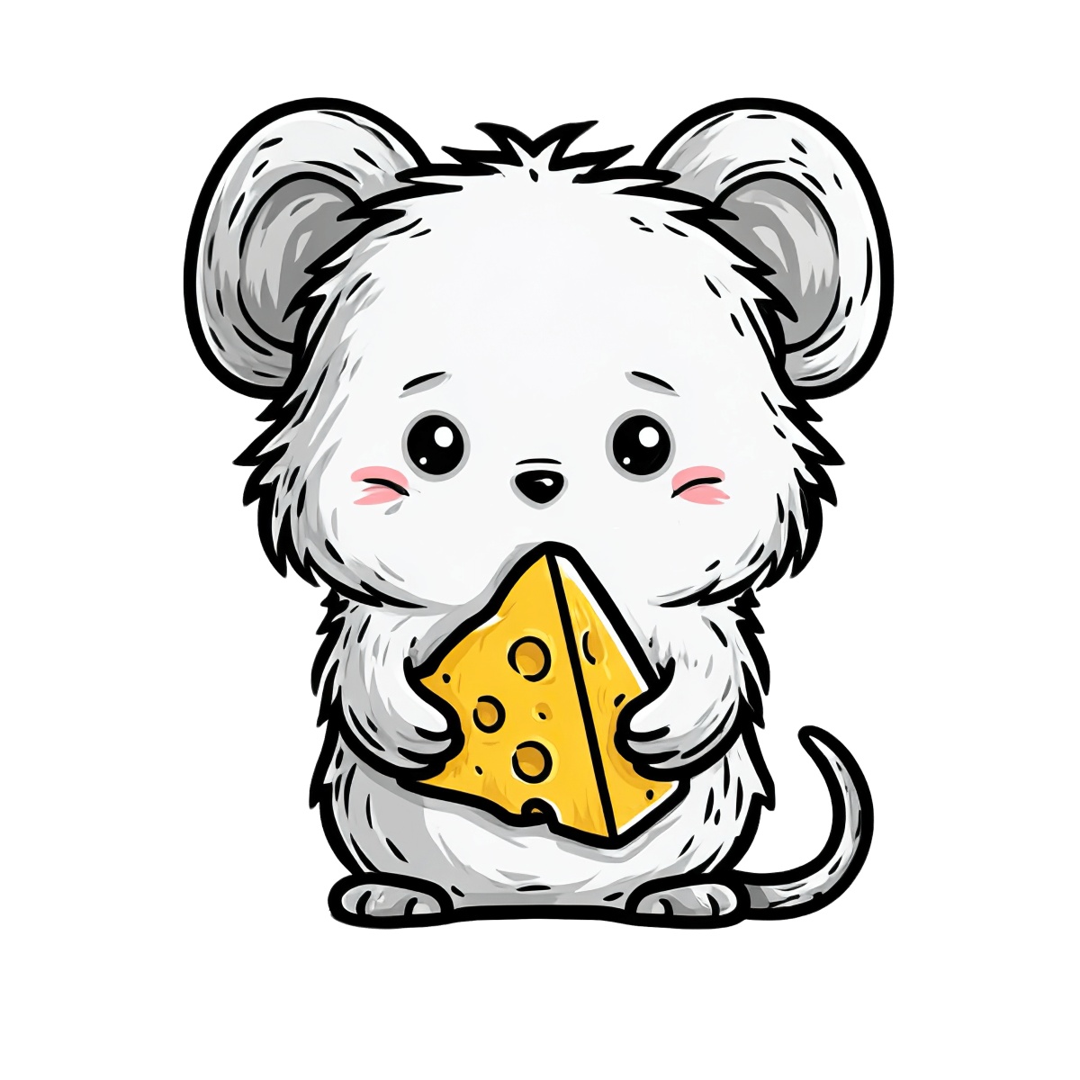 White mouse illustration with cheese, large ears, and a curved tail.