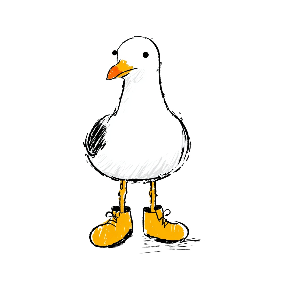A white seagull with an orange beak and boots on a black background.