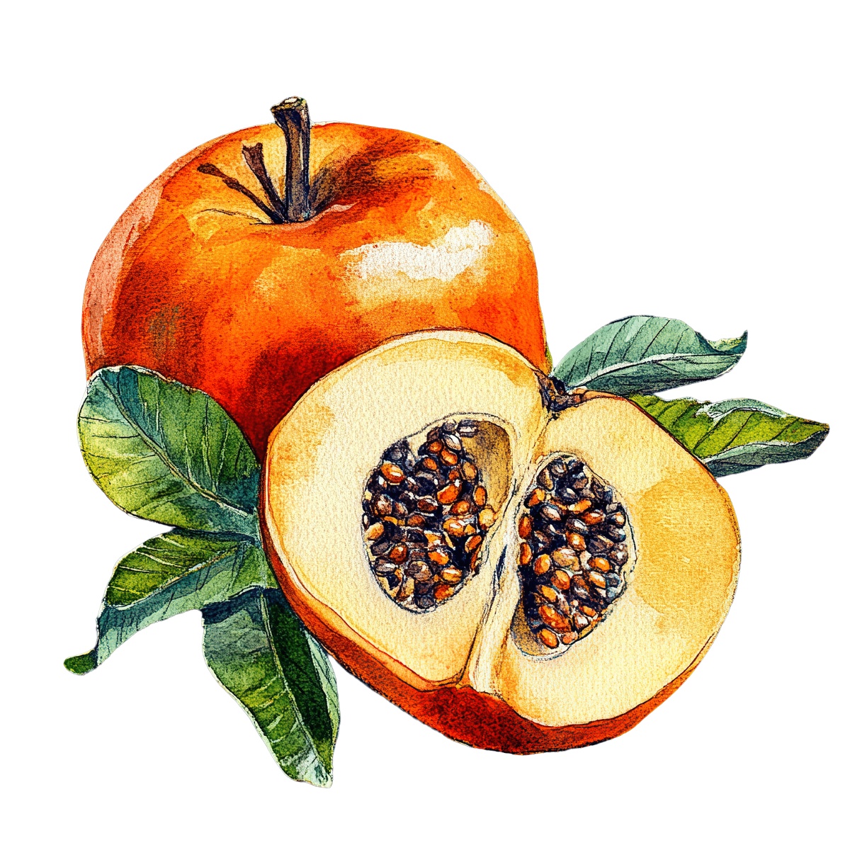 Medlar fruit shown whole and halved with green leaves.