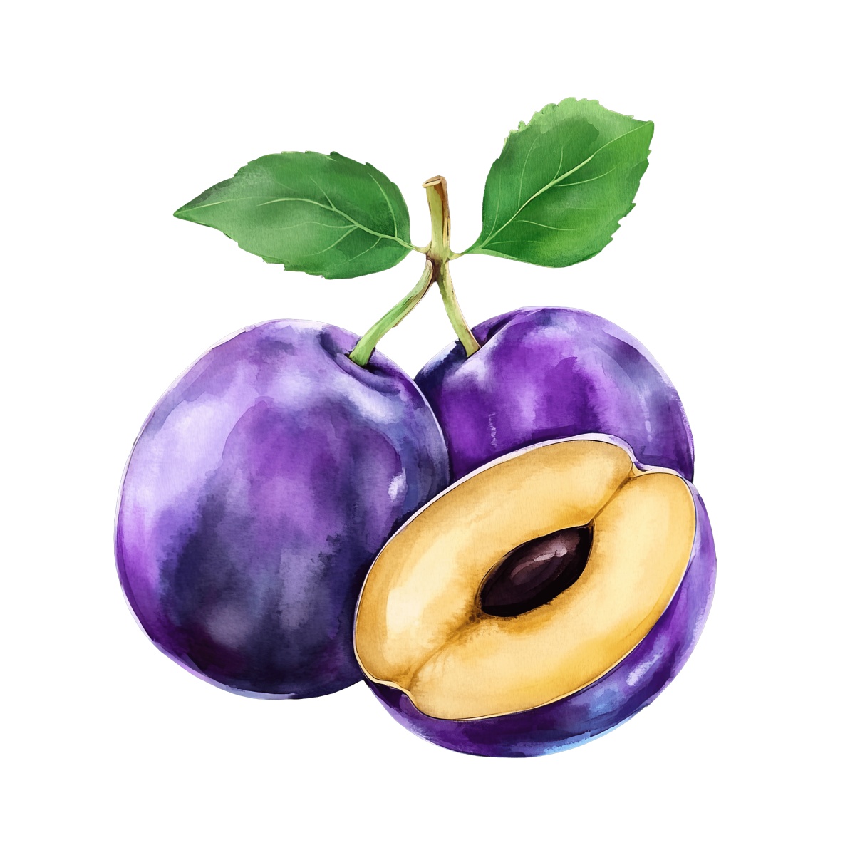Purple plums with green leaves, one cut open to reveal the seed.