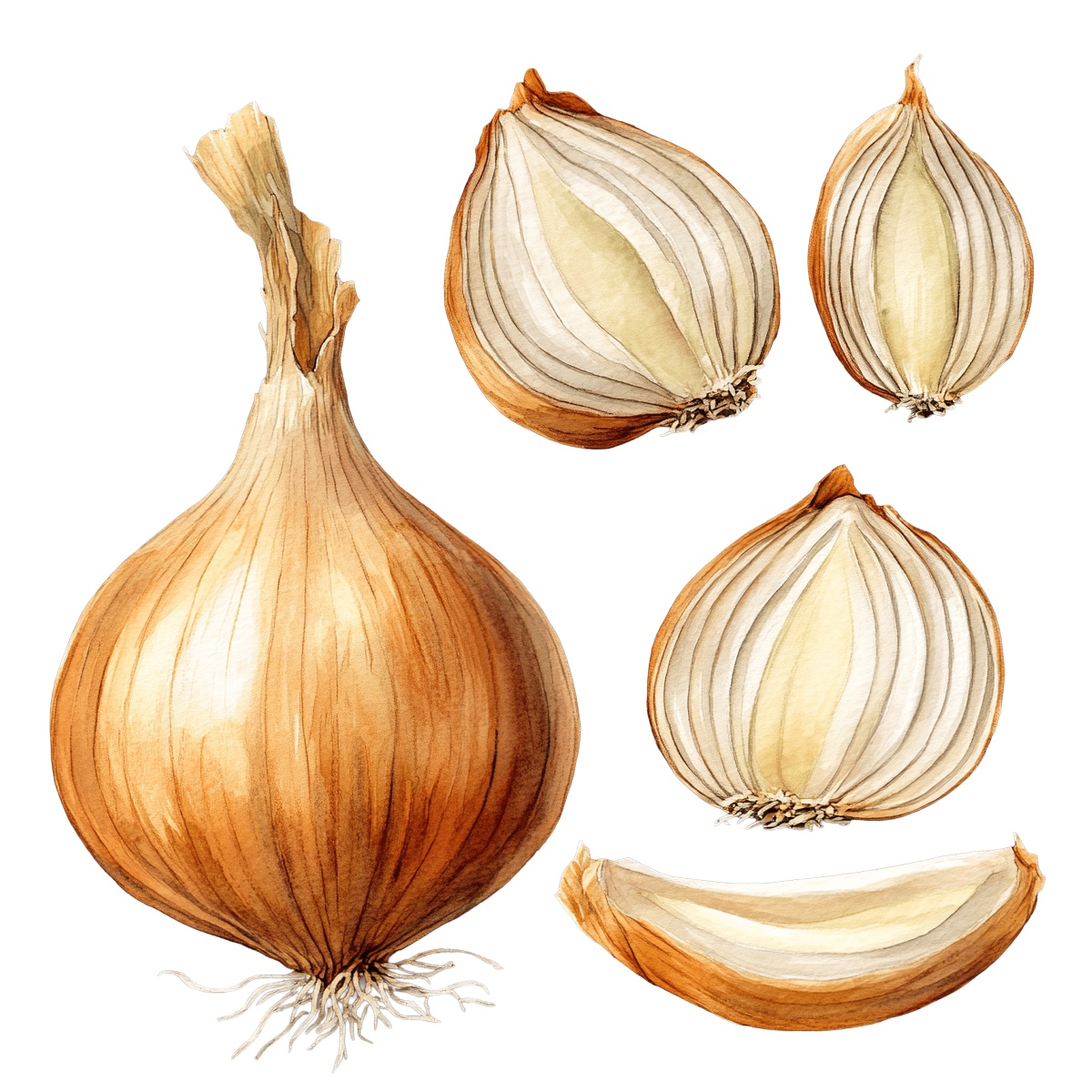 Onion clipart showing whole and sliced views with detailed layers.