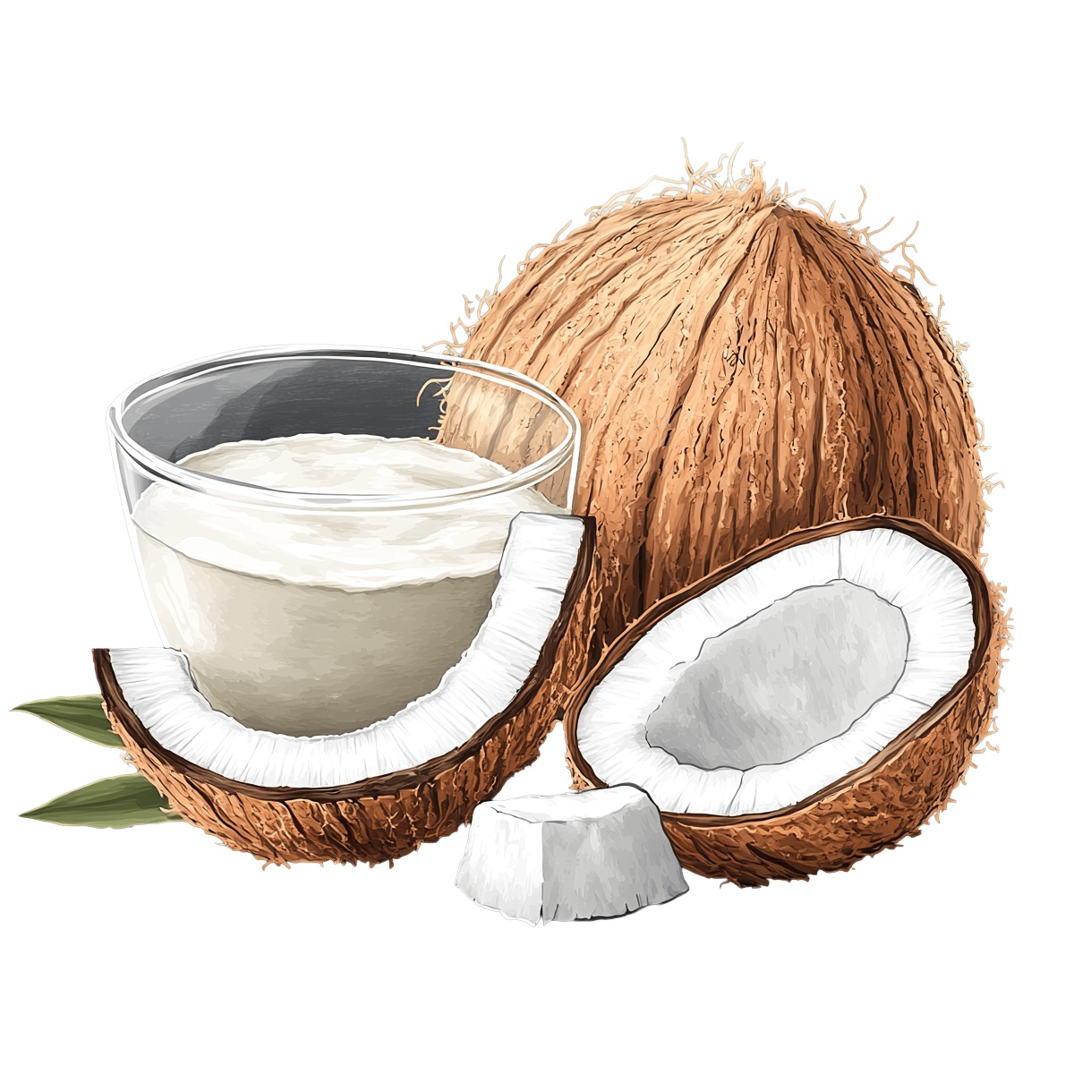 Whole coconut with a glass of coconut milk and sliced pieces.