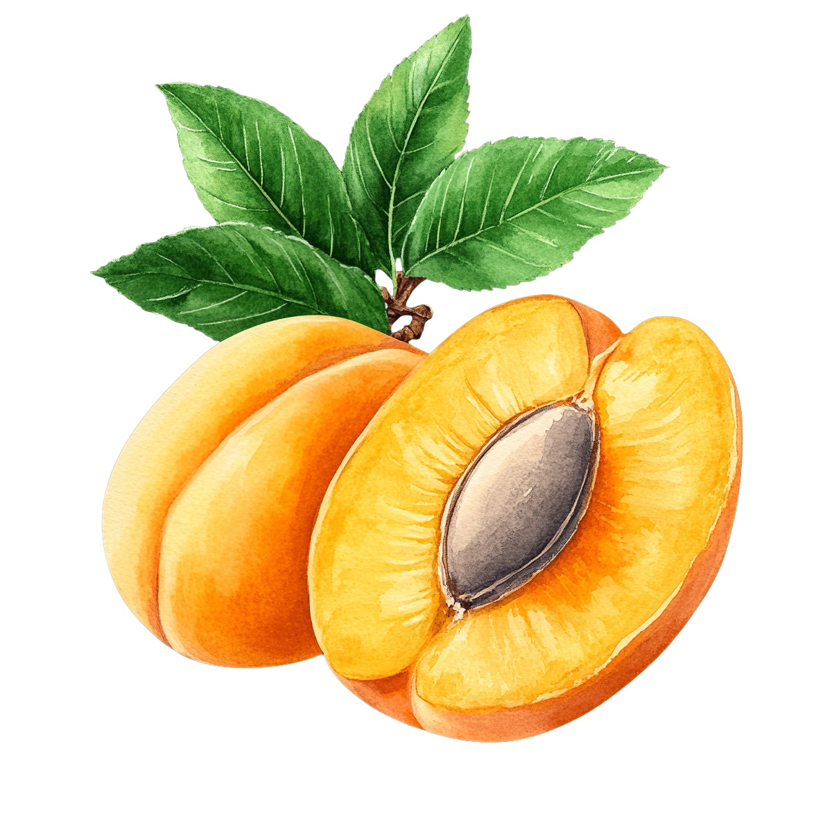 Whole and halved apricot with seed and green leaves.