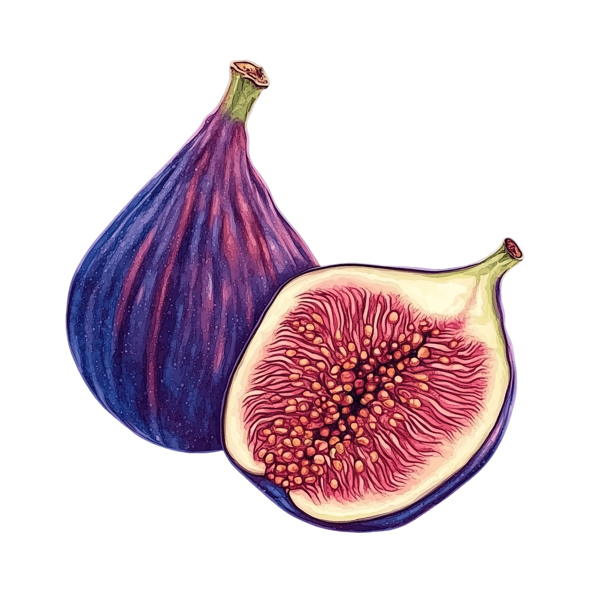 Whole and halved figs with detailed texture.