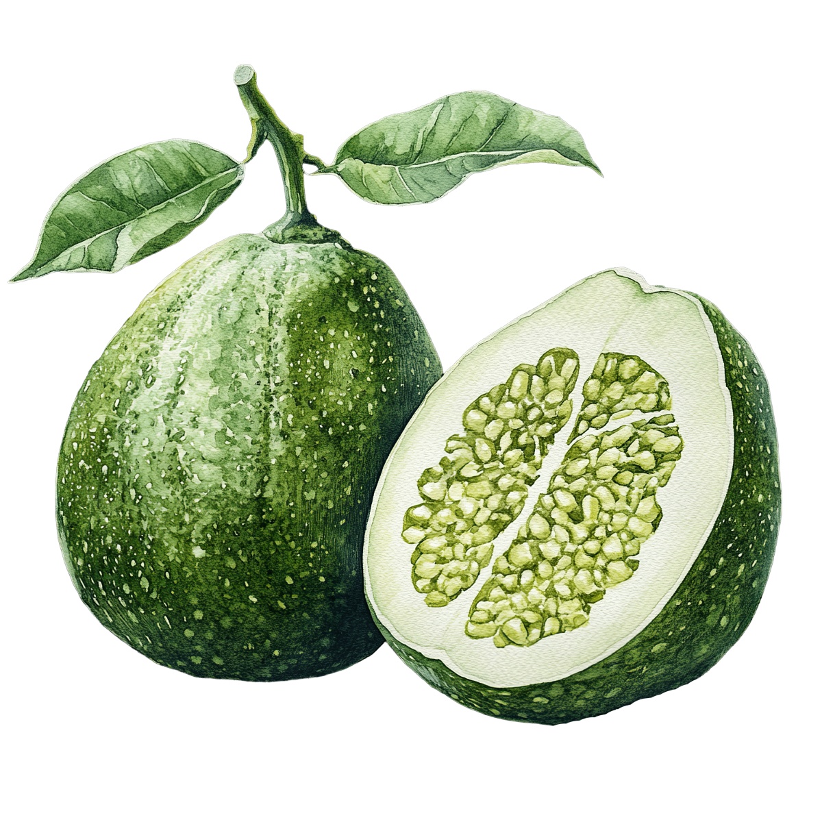 Green pomelo shown whole and halved with attached leaves.