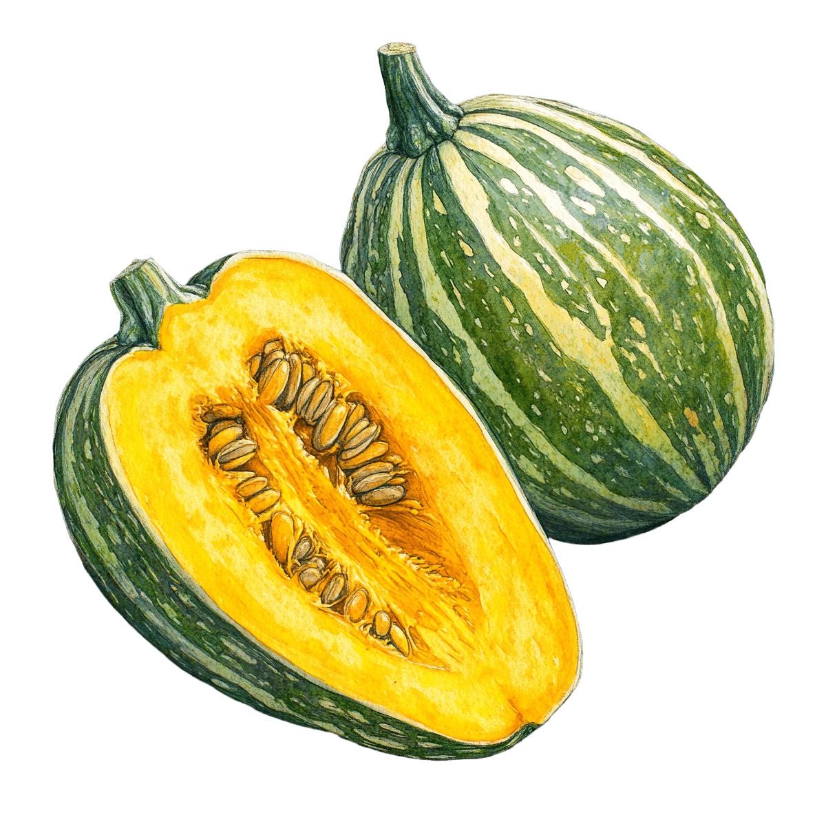 Green pumpkin depicted whole and halved, showing seeds inside.