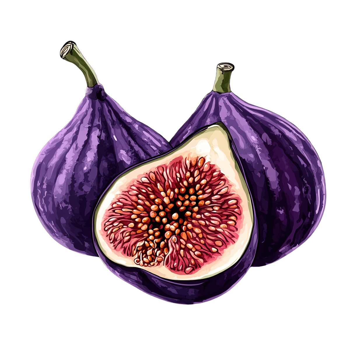 Two purple figs with one cut open, showing the inside.