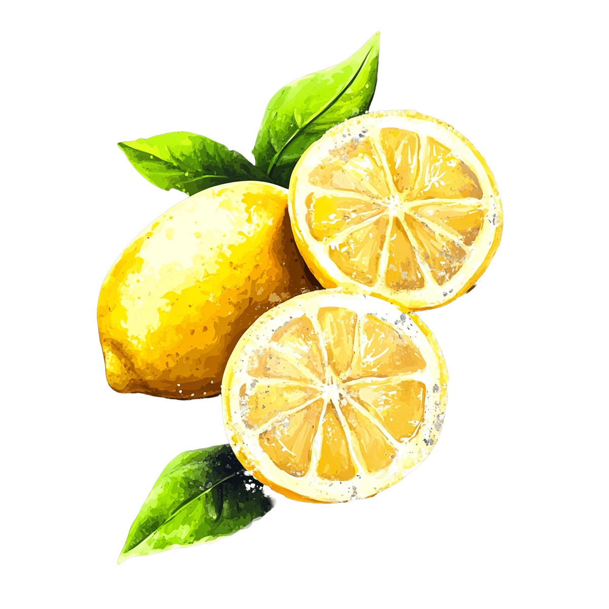Whole lemon and sliced halves with green leaves on a black background.