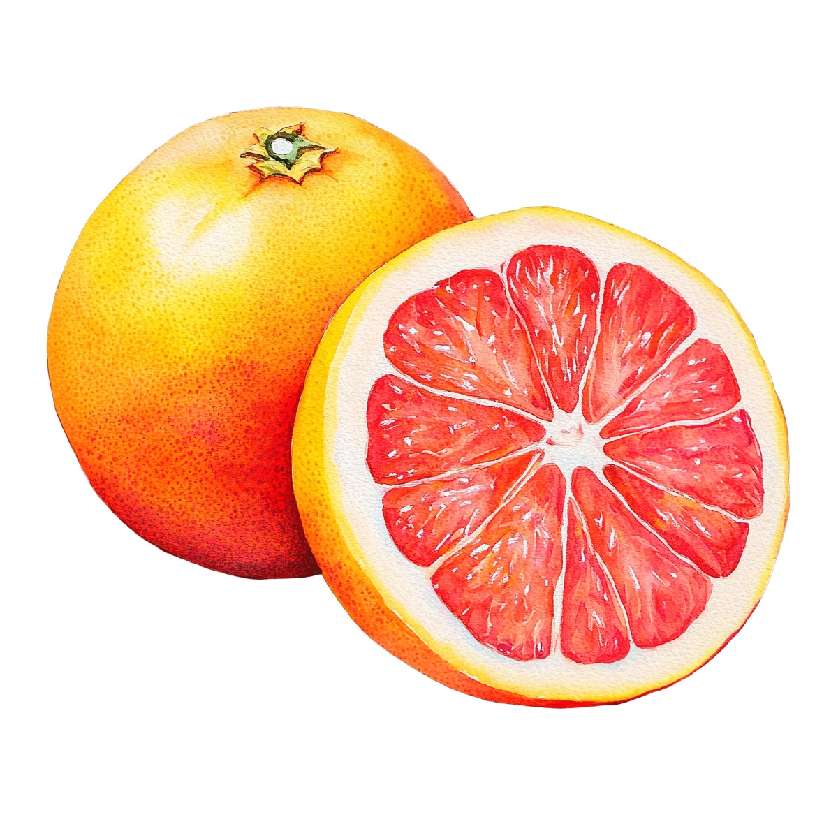 Whole grapefruit and a sliced half showing vibrant pink flesh.