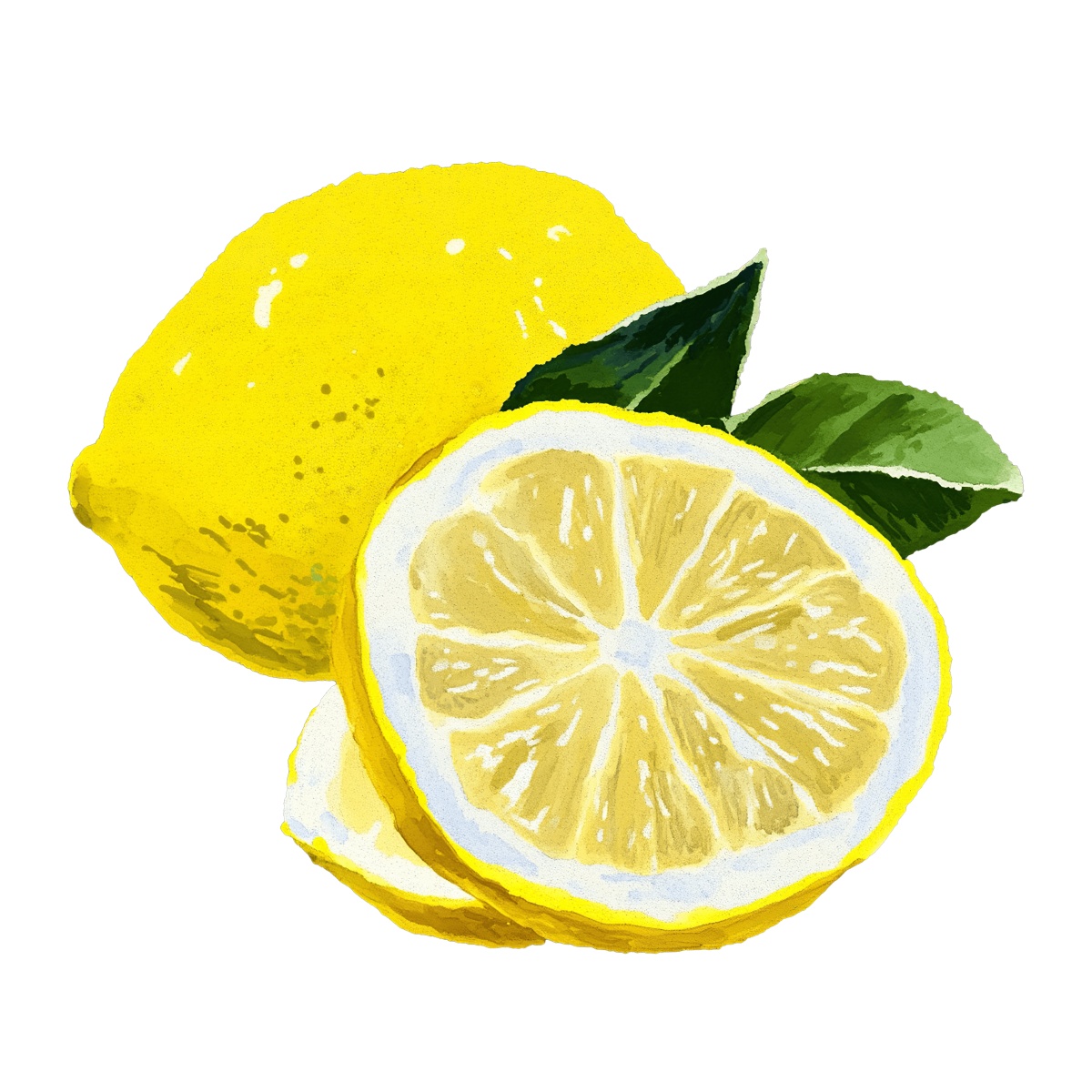 Whole lemon and slices with green leaves on display.