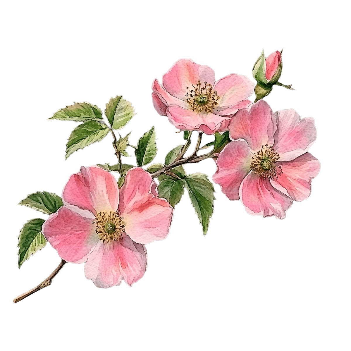 Wild rose branch with pink flowers and green leaves on a dark background.