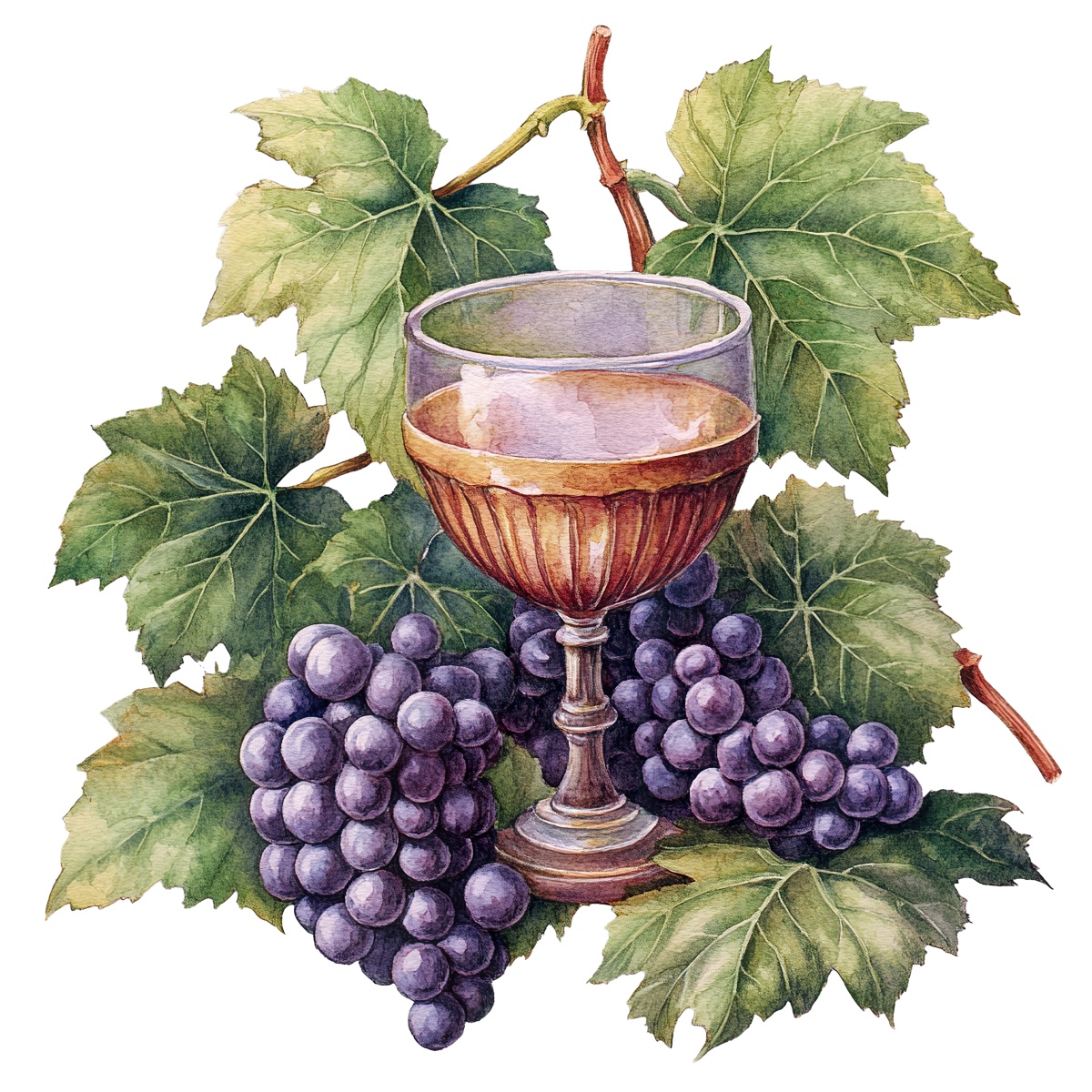 Wine glass with purple grapes and green vine leaves depicted.