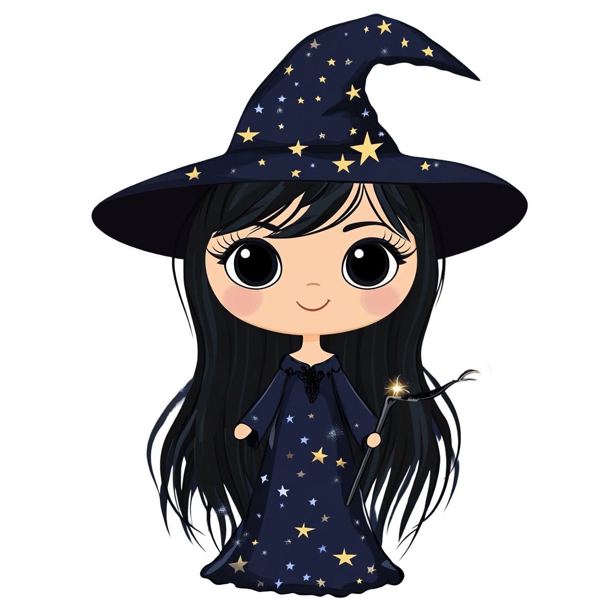 Witch character wearing a starry hat and holding a wand for Halloween.
