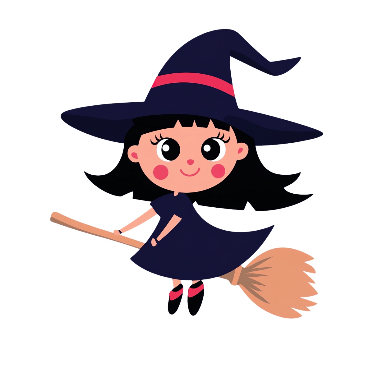 Witch in black attire flying on a broomstick for Halloween.