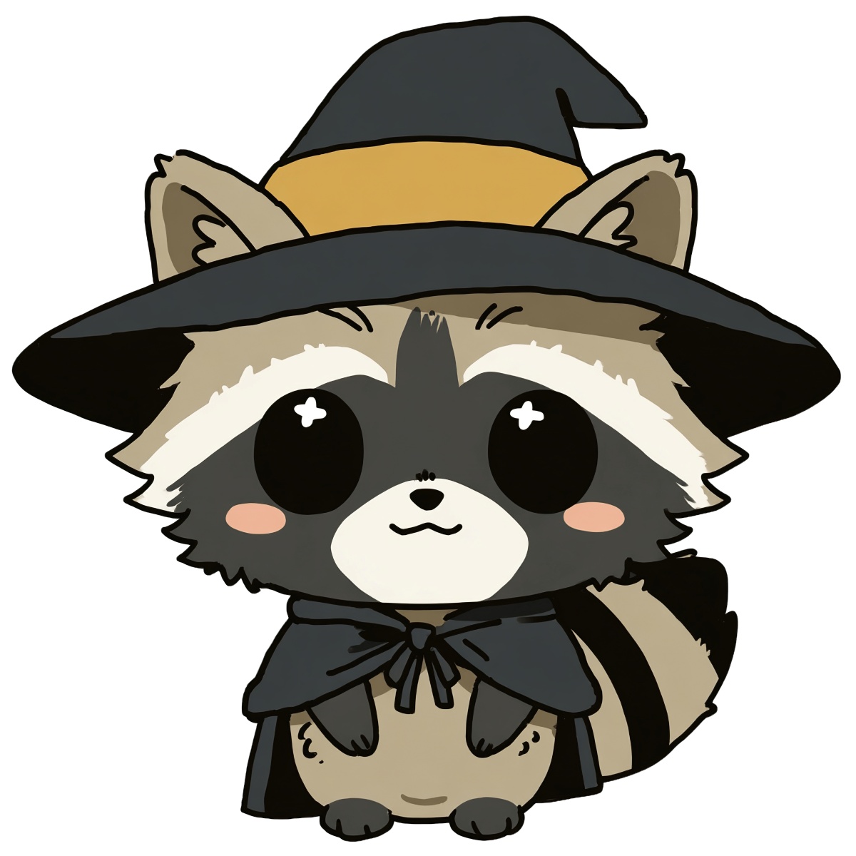 Raccoon illustration with witch hat and cape in cartoon style.