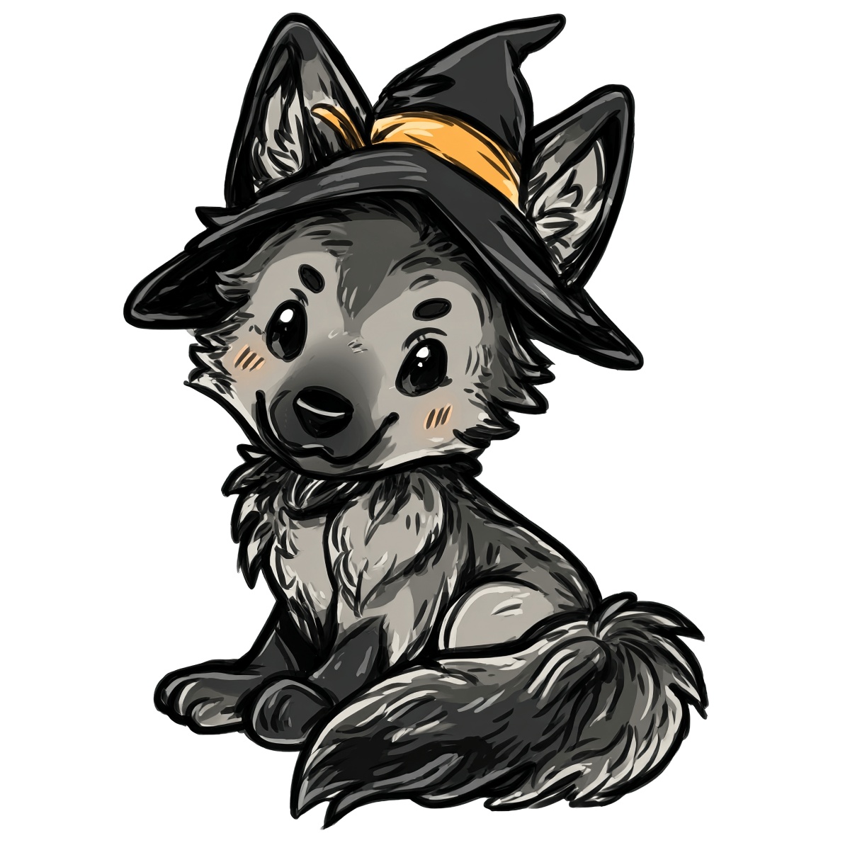 Wolf wearing a witch hat, sitting with a bushy tail and large ears.