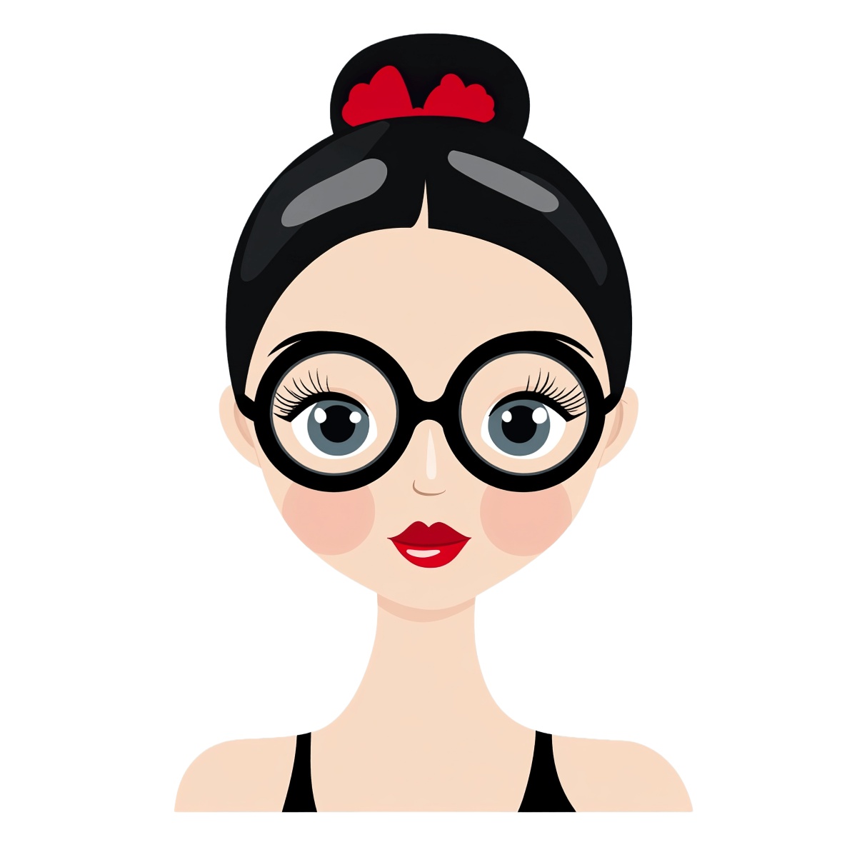 Woman with large glasses and red hair accessory in a clipart style.