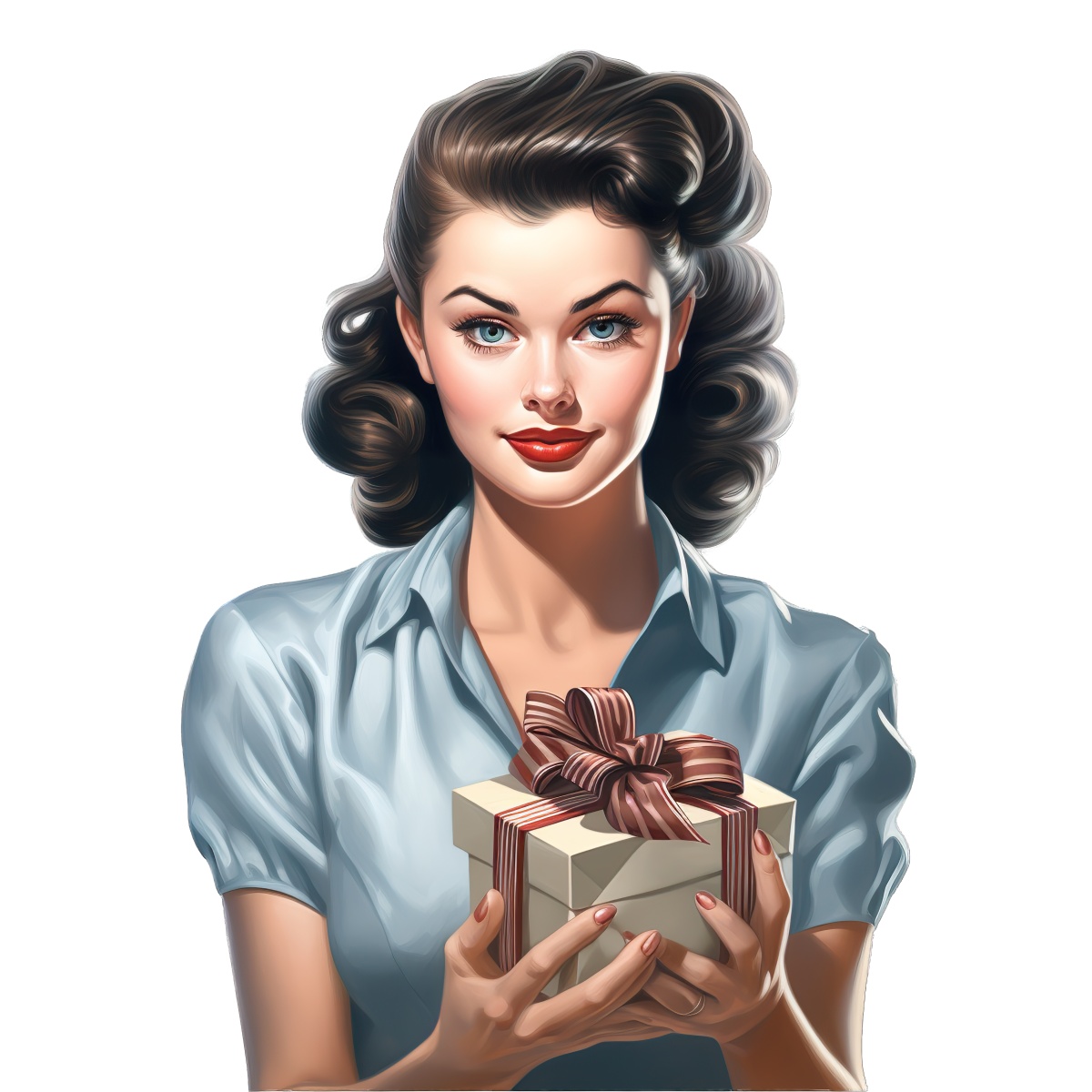 Retro style illustration of a woman holding a gift box with ribbon.