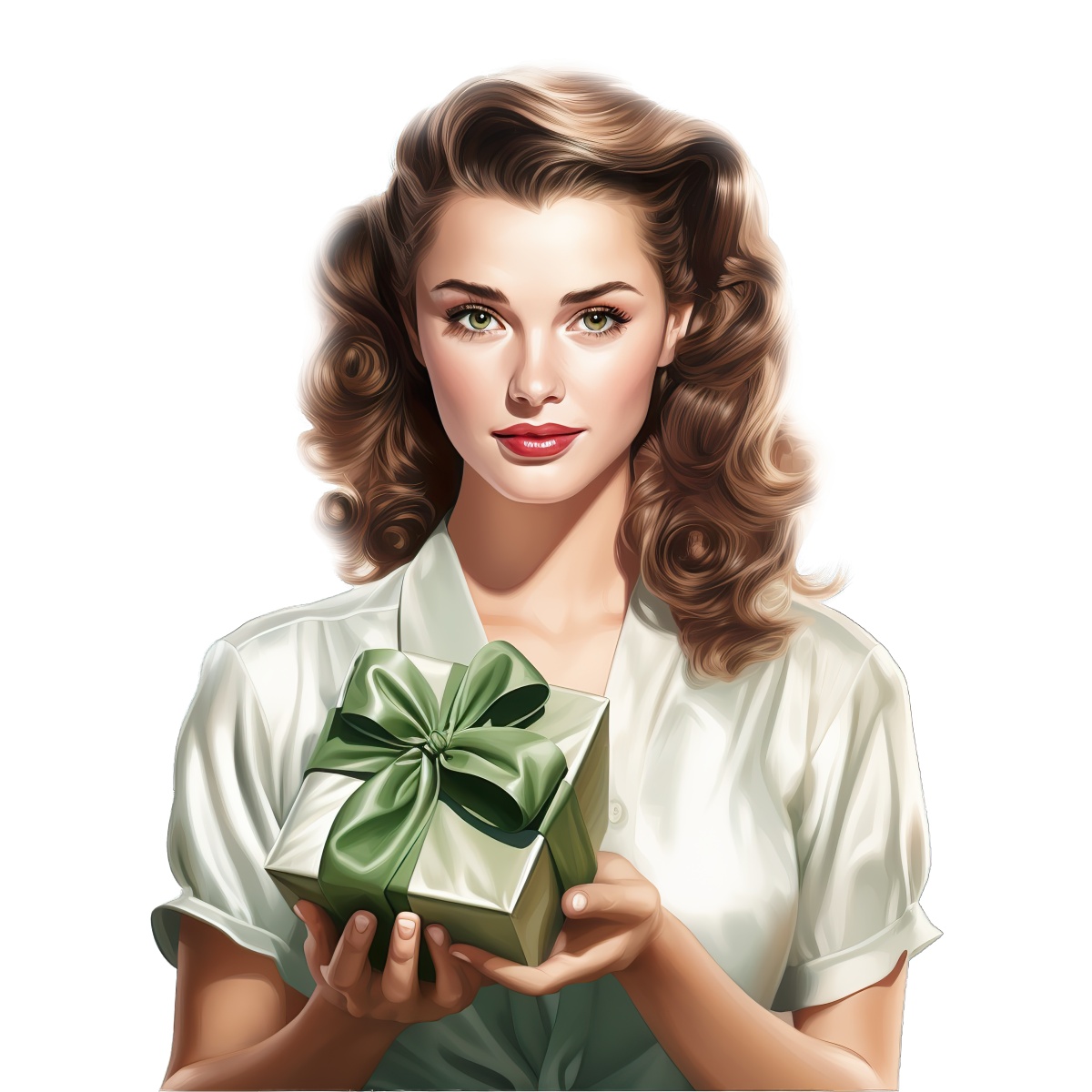 Portrait of a woman holding a gift box with a green ribbon.