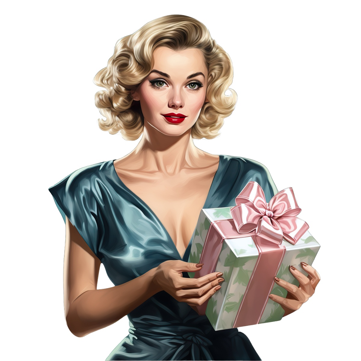 Woman in elegant blue dress holding a wrapped gift box with a bow.