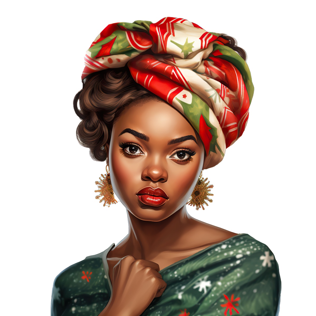 Woman with colorful headscarf and snowflake patterned clothing.