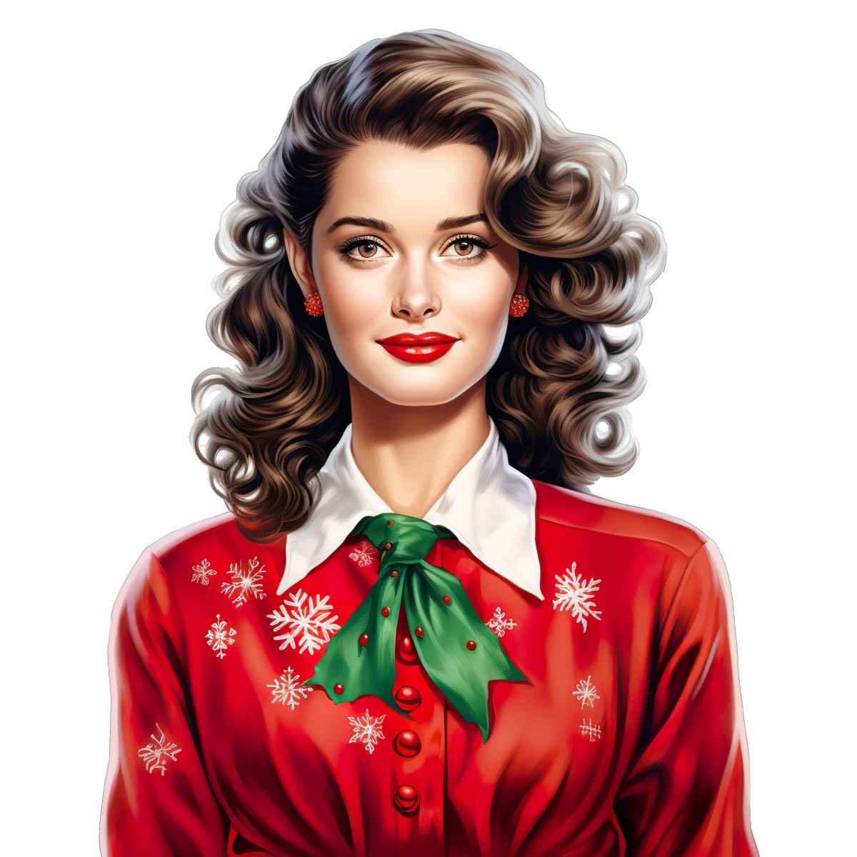 Woman in a red holiday outfit with a green scarf and snowflake patterns.